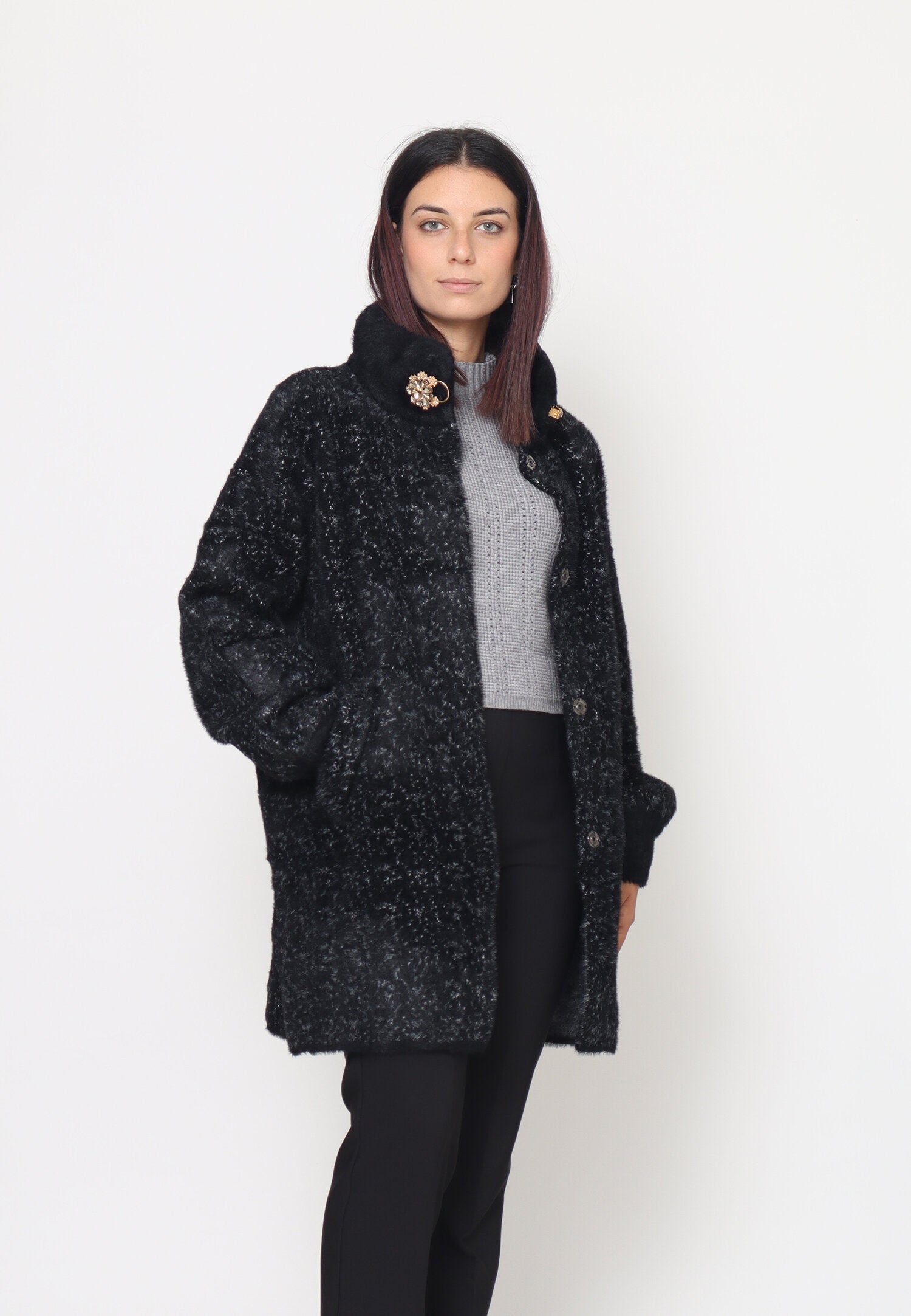 Monte Cervino Cappotto Lungo Nero Donna Tessuto Maniche Lunghe Elegante AI25