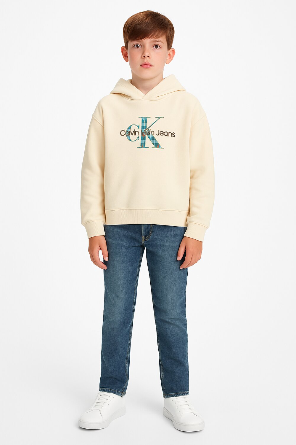 Calvin Klein Felpa Panna Bambino In Cotone Con Cappuccio Sportivo AI25