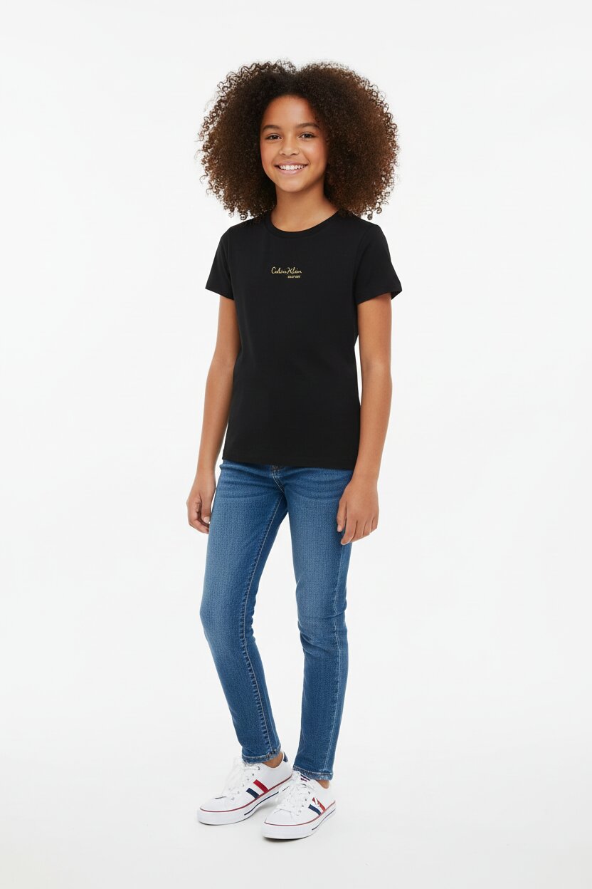 Calvin Klein Tshirt Nera Bambina In Jersey Maniche Corte Scuola PE26