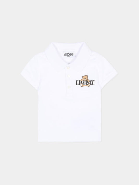 Moschino polo infant in cotone bianco con logo teddy Bambino