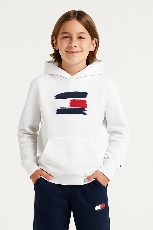 Tommy Hilfiger Flag – Felpa con Cappuccio Bambino Bianca - BIANCO | CammarataMode