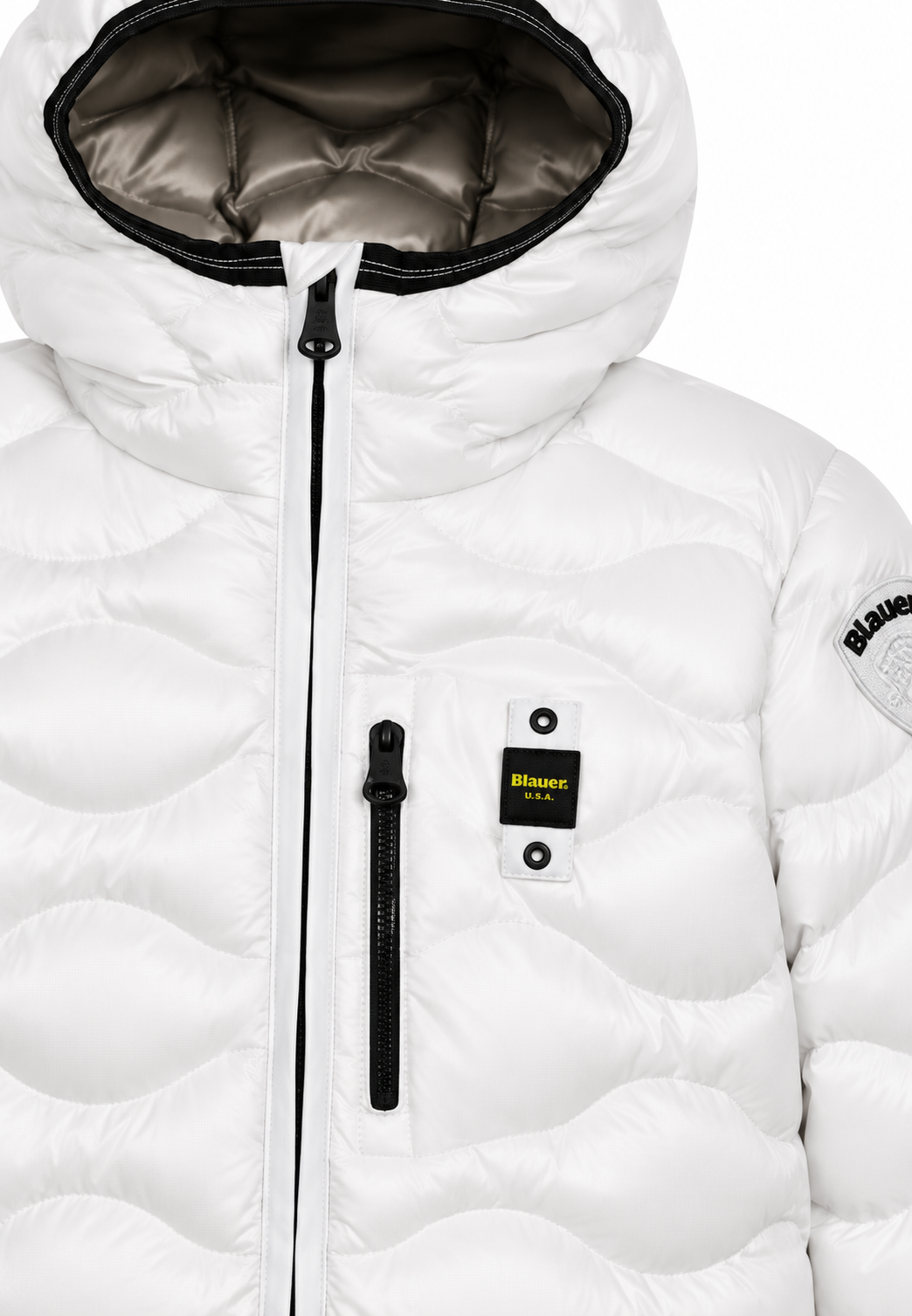 Blauer Piumino Bianco Trapuntato con Cappuccio Bambino dettaglio logo