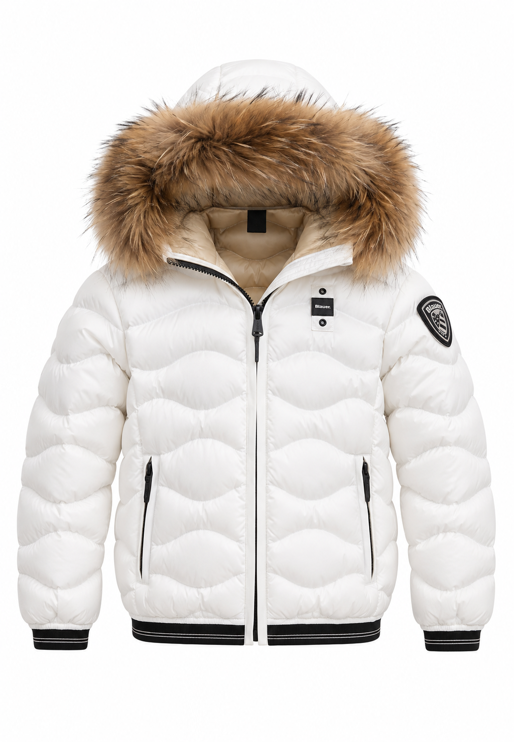 Blauer Piumino Bianco con Cappuccio in Pelliccia Bambina