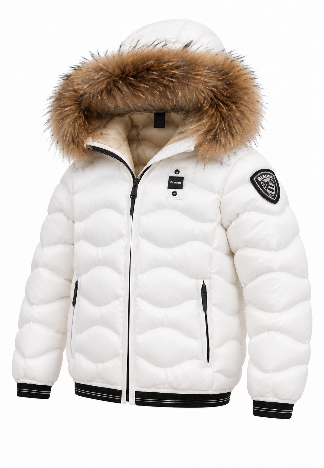 Blauer Piumino Bianco con Cappuccio in Pelliccia Bambina