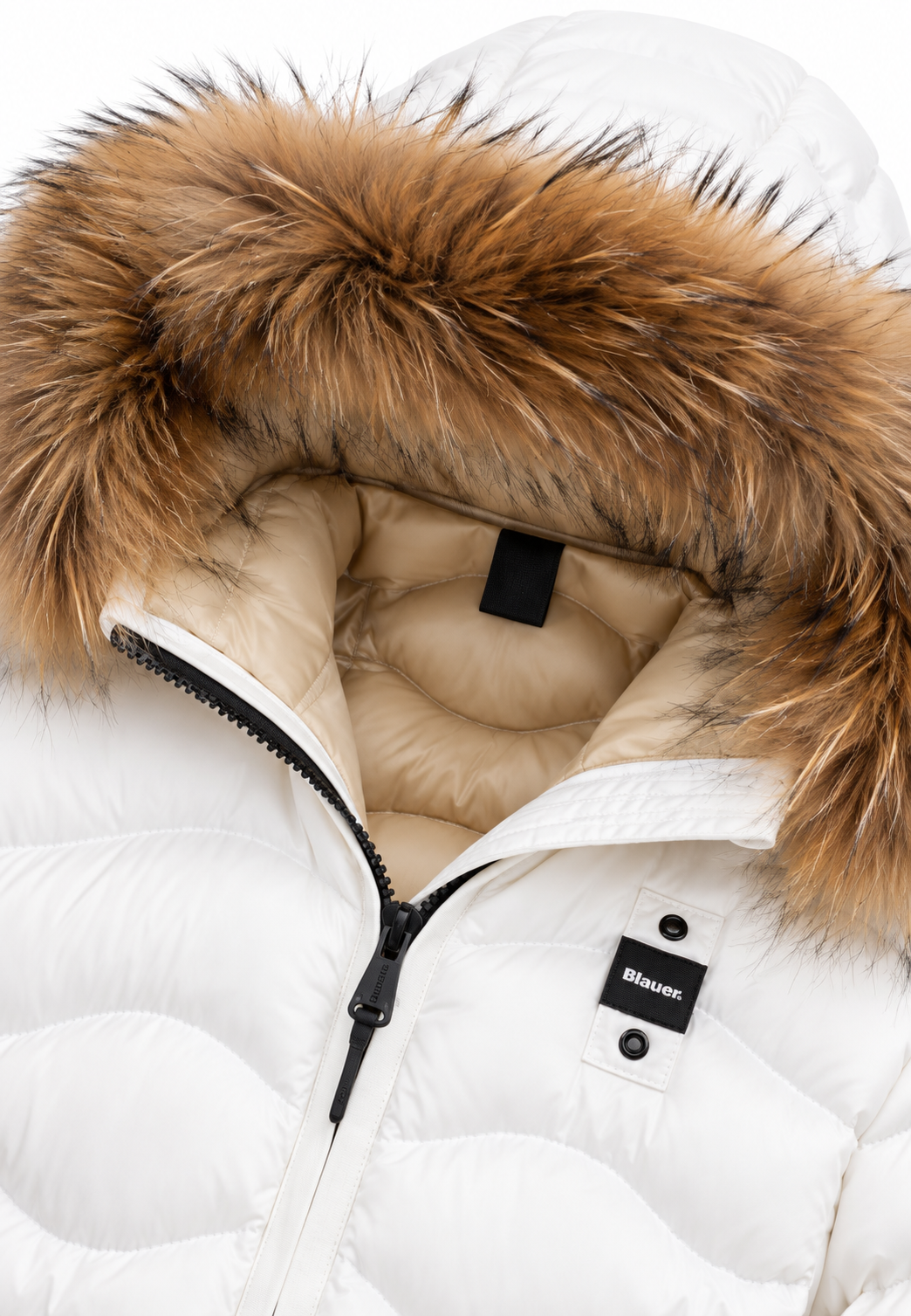 Blauer Piumino Bianco con Cappuccio in Pelliccia Bambina dettaglio logo
