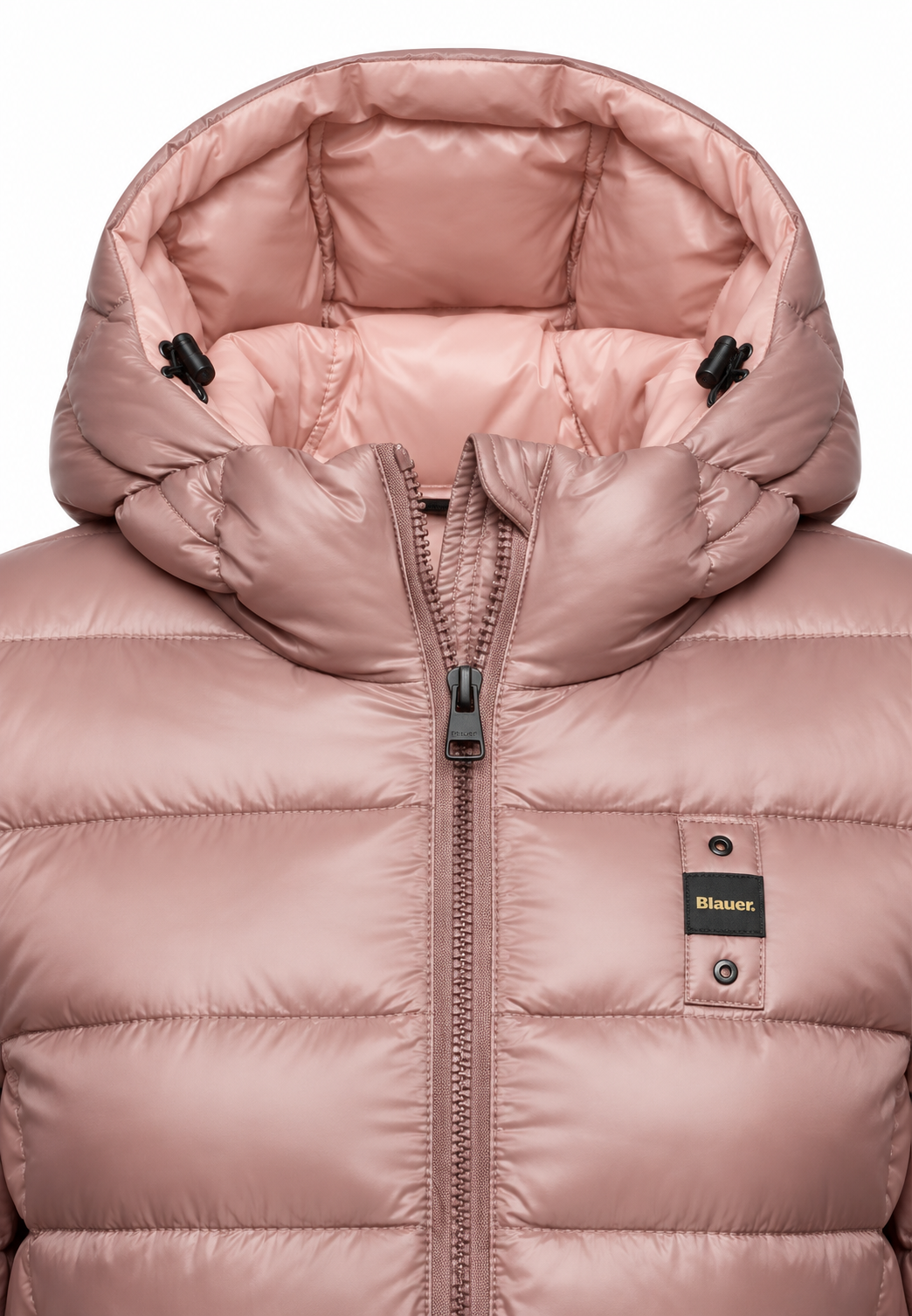 Blauer piumino rosa cipria bambina - dettaglio cappuccio e logo