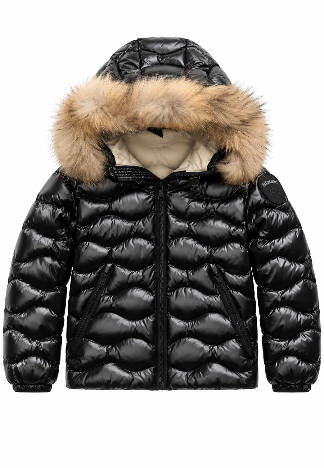 Blauer Piumino Nero Lucido Bambino con Cappuccio e Pelliccia