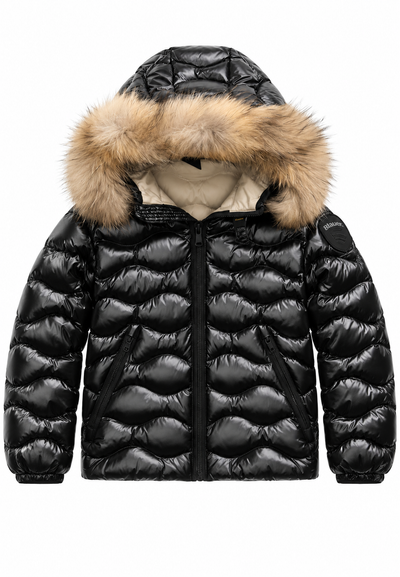 Blauer Giubbotto Piumino Nero Lucido Bambino con Cappuccio e Pelliccia