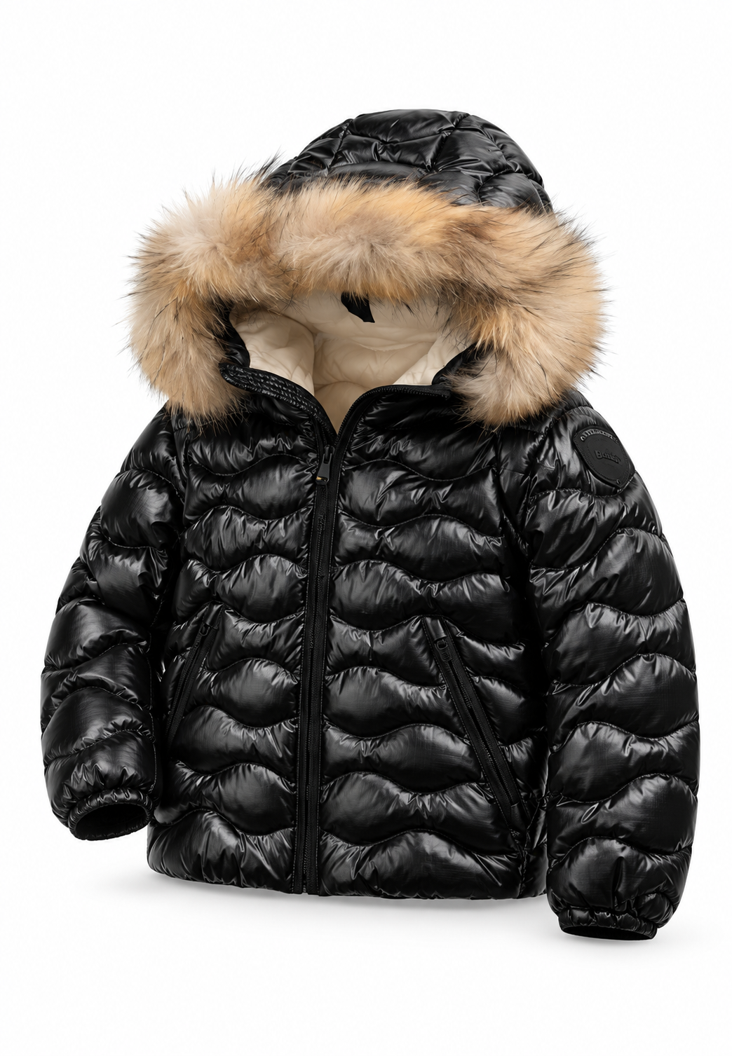 Blauer Piumino Nero Lucido Bambino con Cappuccio e Pelliccia