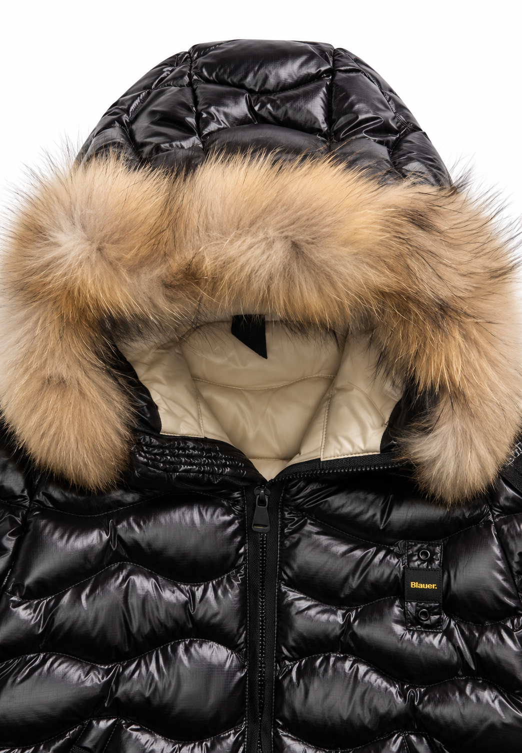 Blauer Piumino Nero Lucido Bambino con Cappuccio e Pelliccia