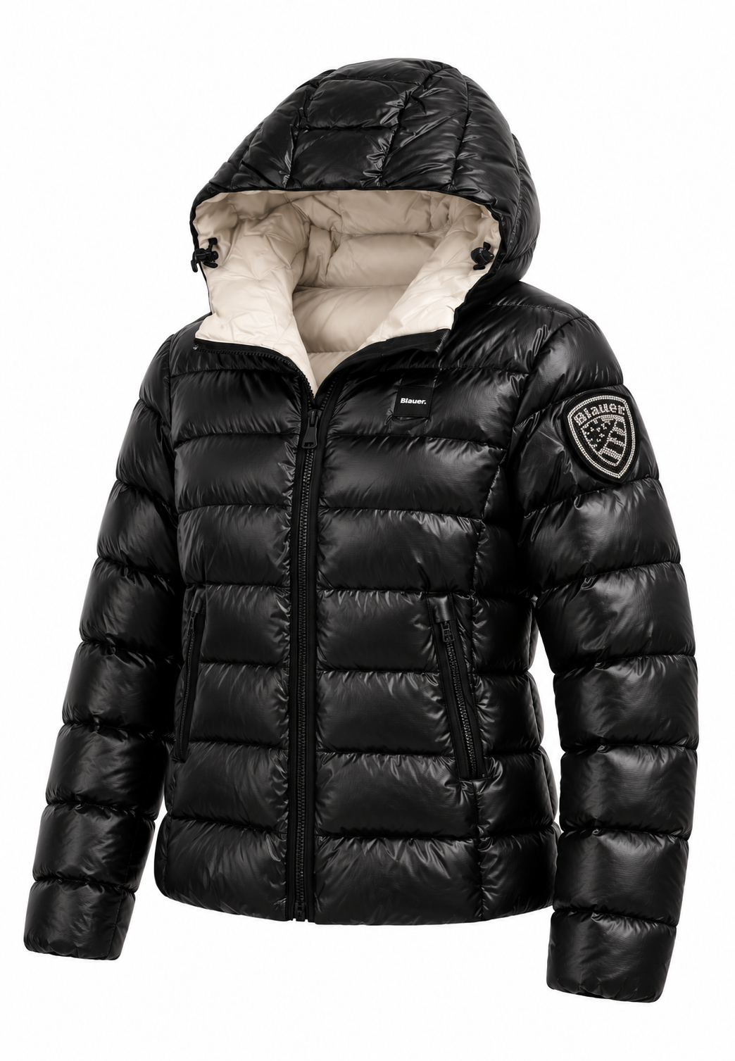 Blauer Piumino Nero Lucido con Cappuccio e Patch Bambina