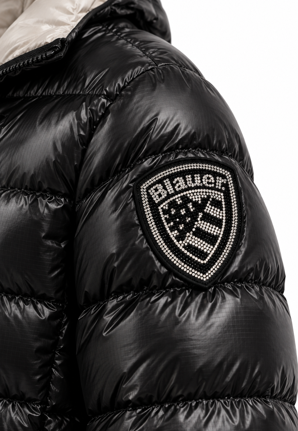 Blauer piumino nero lucido bambina patch manica