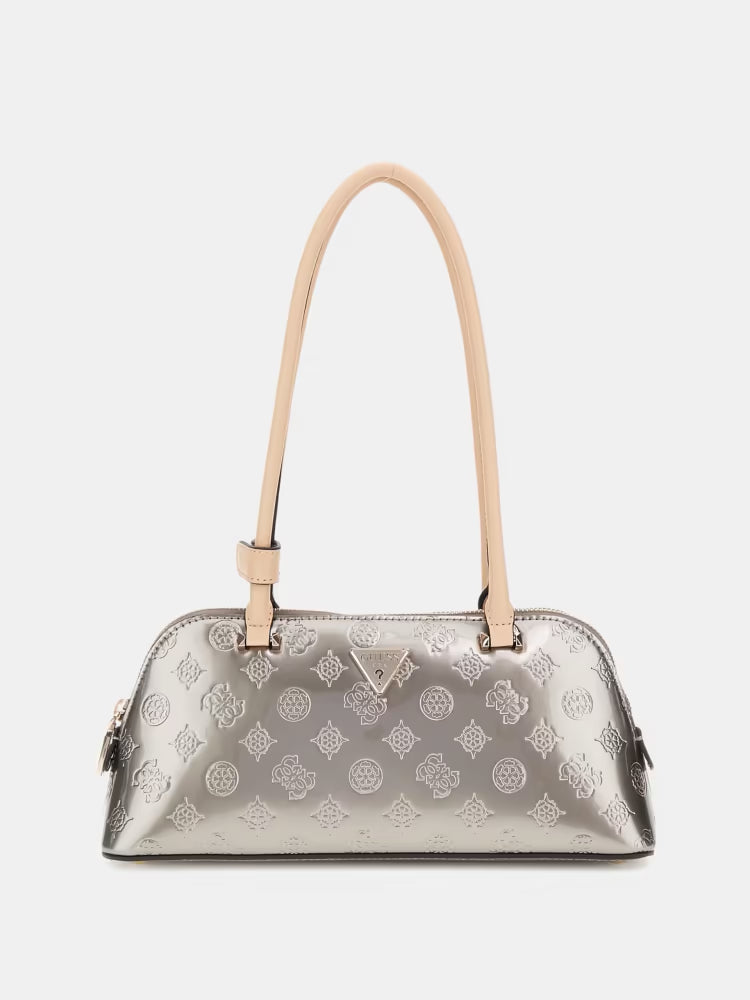 Guess borsa argento donna lucida a spalla logo all over dettaglio logo