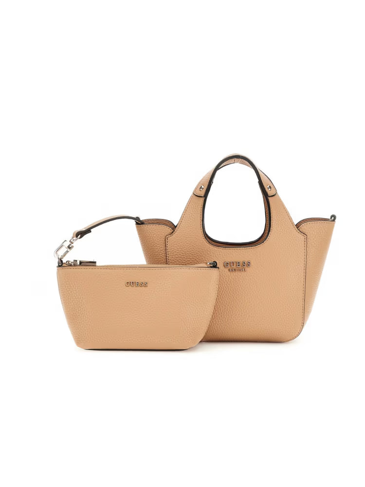 Guess borsa beige donna in ecopelle a mano mini pochette logo in metallo sul davanti dettaglio logo