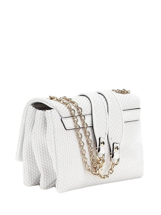 Guess borsa bianca donna con tracolla in tessuto logo in metallo sul davanti