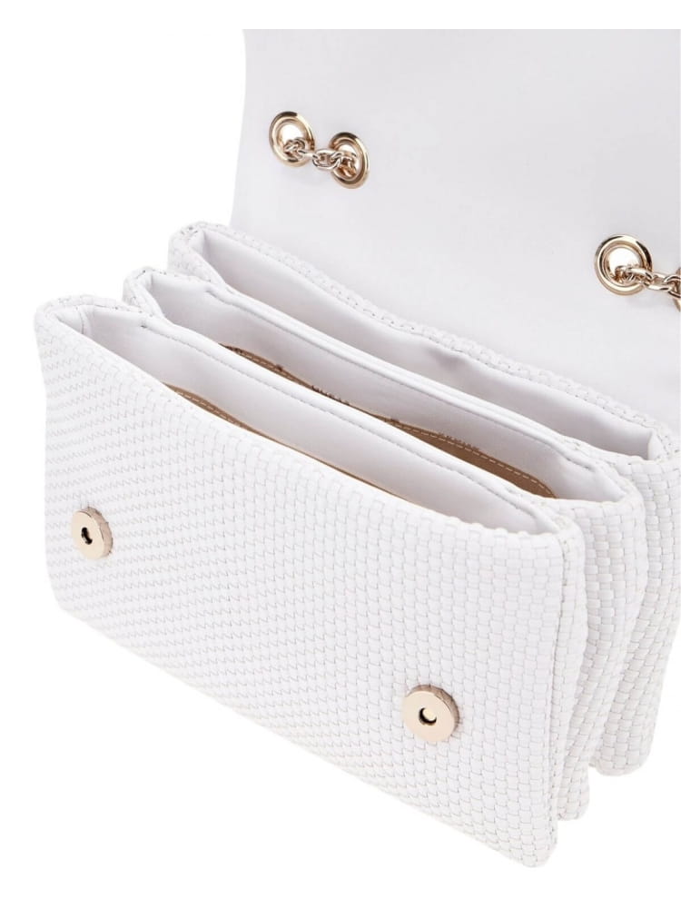 Guess borsa bianca donna con tracolla in tessuto logo in metallo sul davanti dettaglio logo