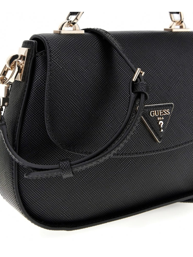 Guess borsa nera donna a mano con tracolla in ecopelle saffiano logo sul davanti