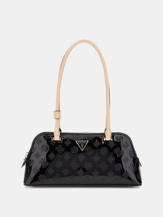 Guess borsa nera donna lucida a spalla logo all over