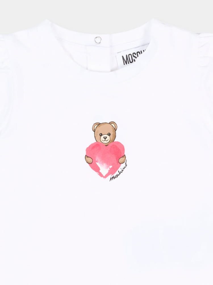Moschino t-shirt infant in cotone bianco con logo cuore teddy Bambina