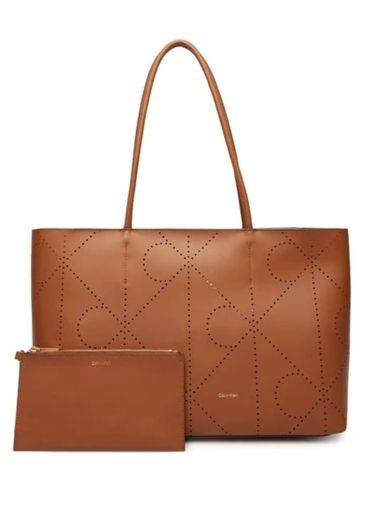 Calvin Klein borsa tote in pelle marrone con motivo logo traforato Donna | Misure: 43 x 27 x 13 cm