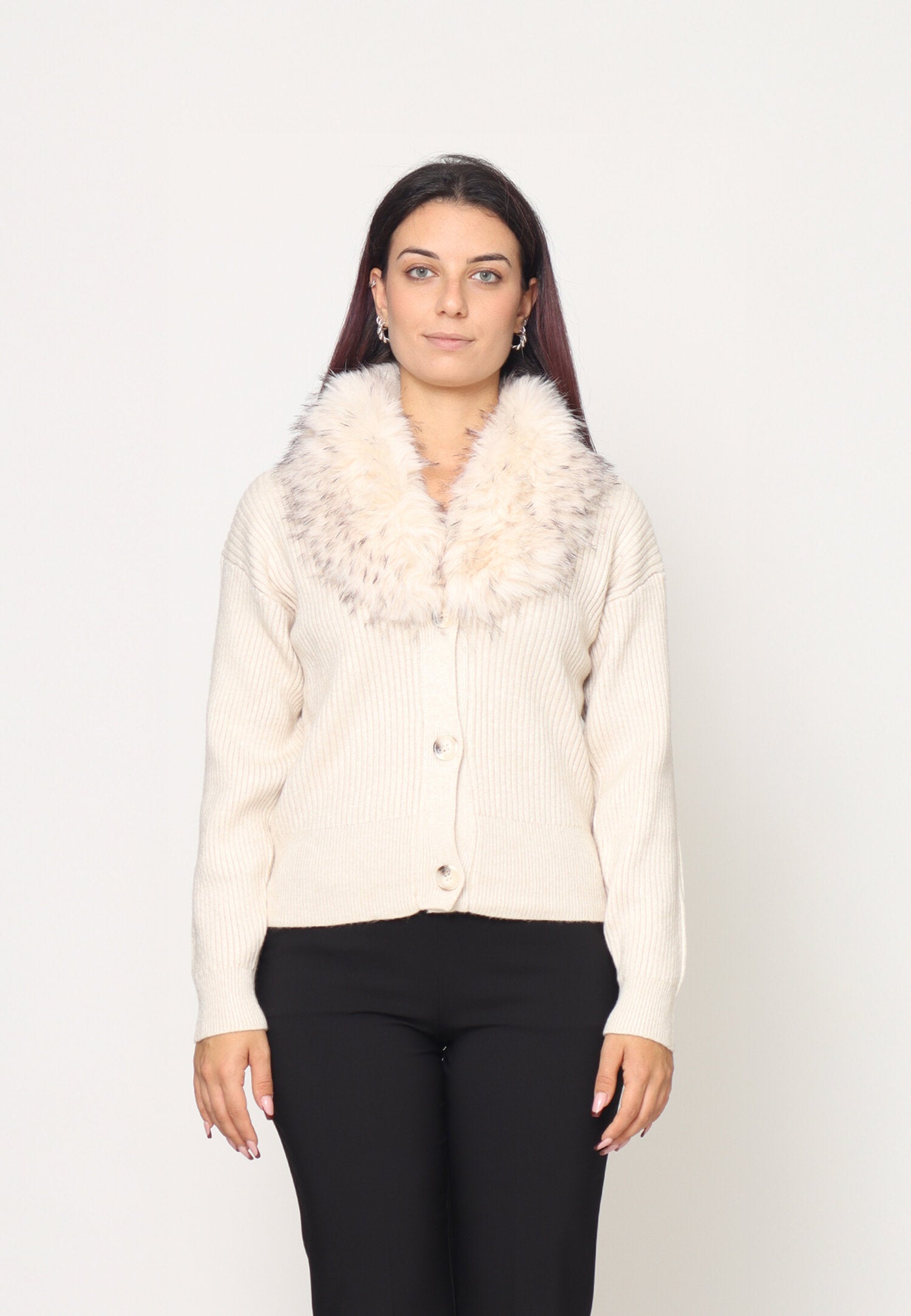 Monte Cervino Cardigan Panna Donna Con Pelliccia Invernale AI25