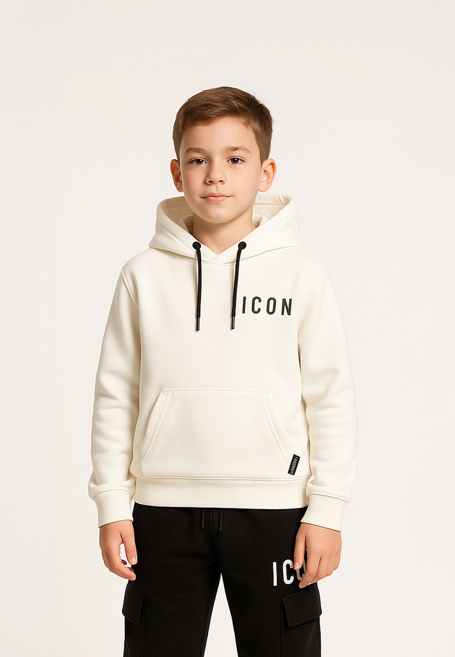 Icon Felpa Bianca Bambino In Cotone Con Cappuccio Sportivo AI25