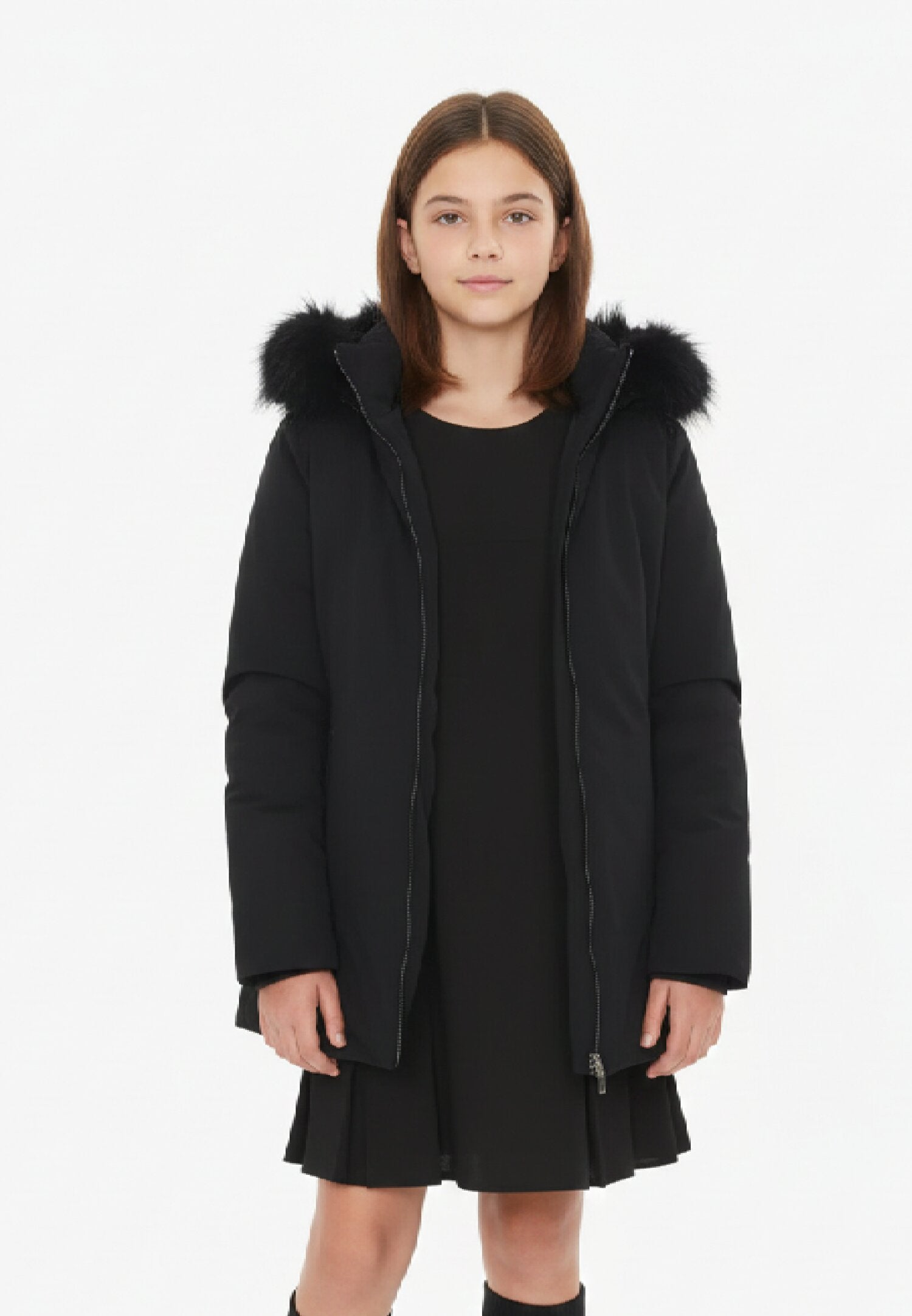 Piumino Bambina Yes Zee Nero 2-16 Anni con Cappuccio Staccabile in Piuma