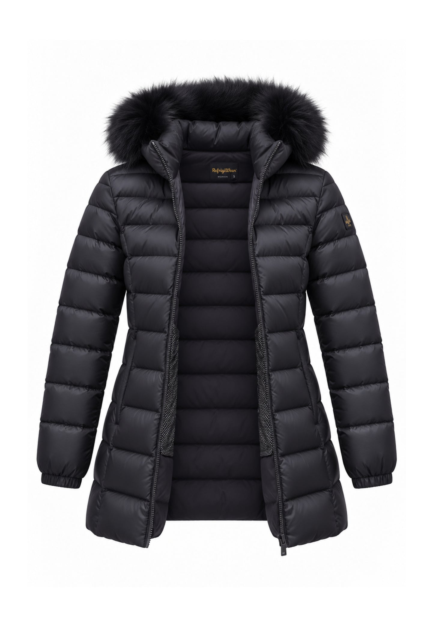 REFRIGIWEAR GIUBBOTTO NERO TRAPUNTATO CON CAPPUCCIO E PELLICCIA Donna LONG MEAD FUR JACKET.NE_