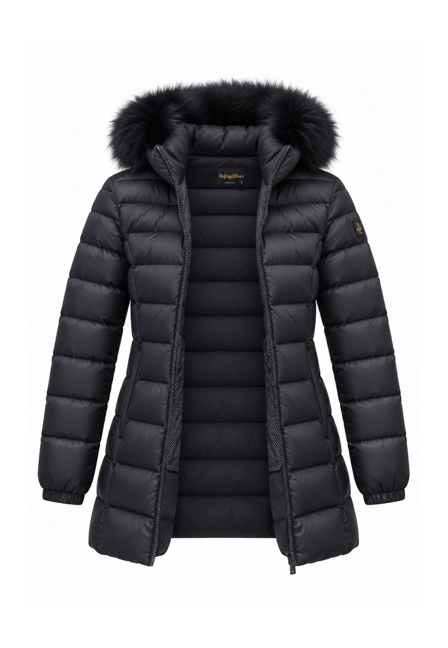 REFRIGIWEAR GIUBBOTTO NERO TRAPUNTATO CON CAPPUCCIO E PELLICCIA Donna LONG MEAD FUR JACKET.NE_