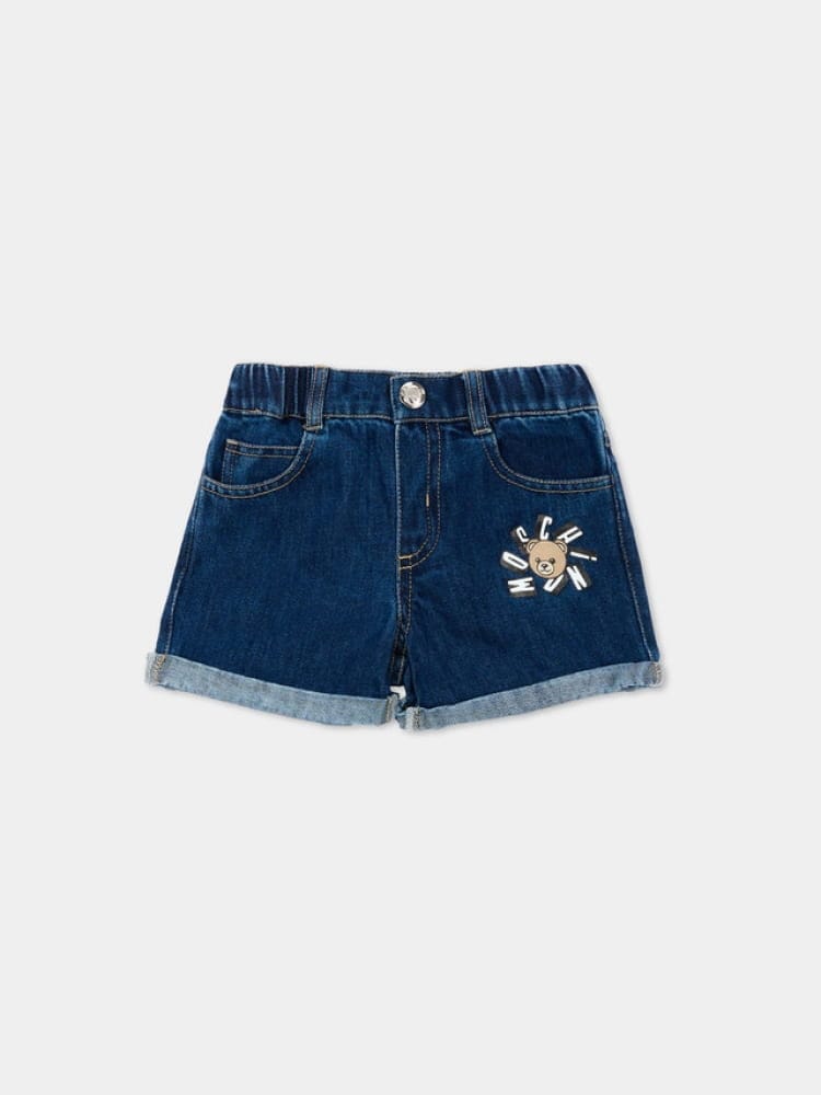 Moschino shorts infant in denim blu scuro con logo teddy lettering Bambino