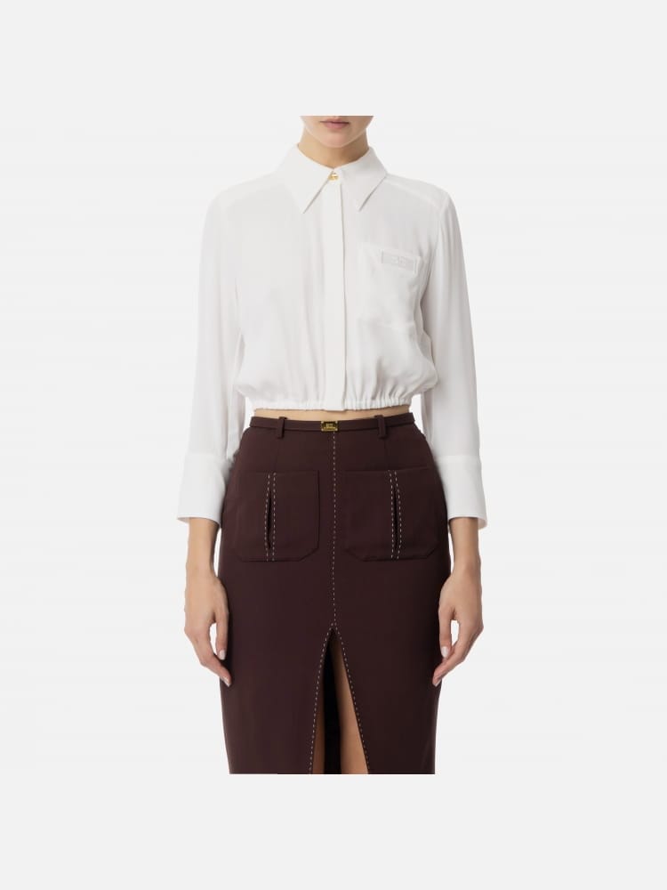 Elisabetta Franchi camicia bianca donna in misto viscosa crop mini logo sul petto
