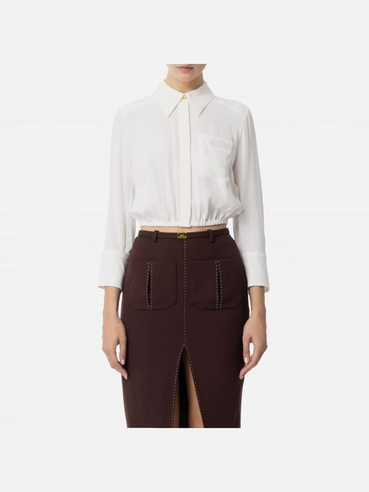 Elisabetta Franchi camicia bianca donna in misto viscosa crop mini logo sul petto
