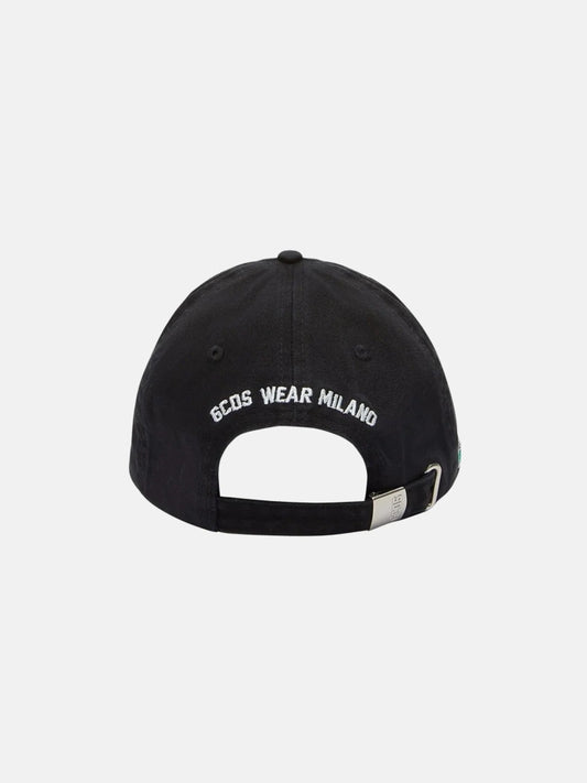 Gcds cappello nero uomo unisex in cotone logo ricamato a contrasto