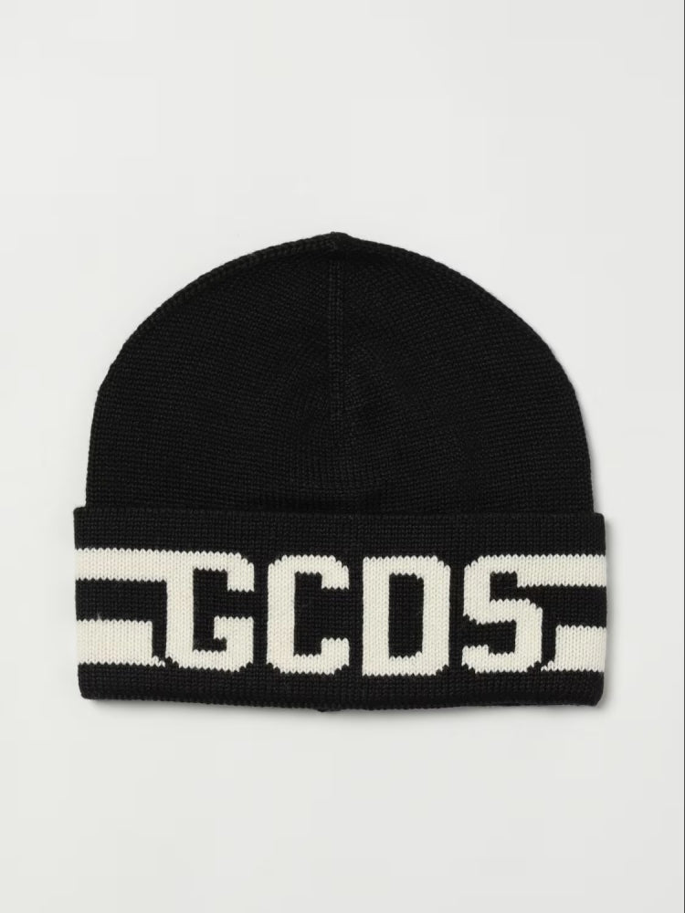 Gcds cappello nero uomo unisex in misto lana logo a contrasto