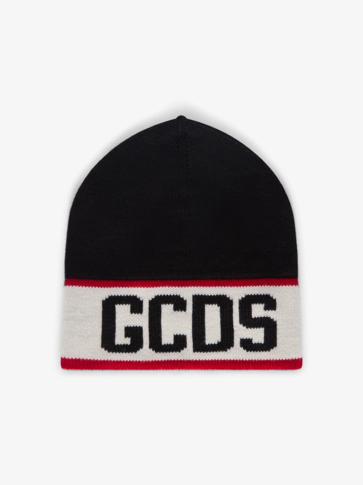 Gcds cappello nero uomo unisex in misto lana maxi logo a contrasto dettaglio logo