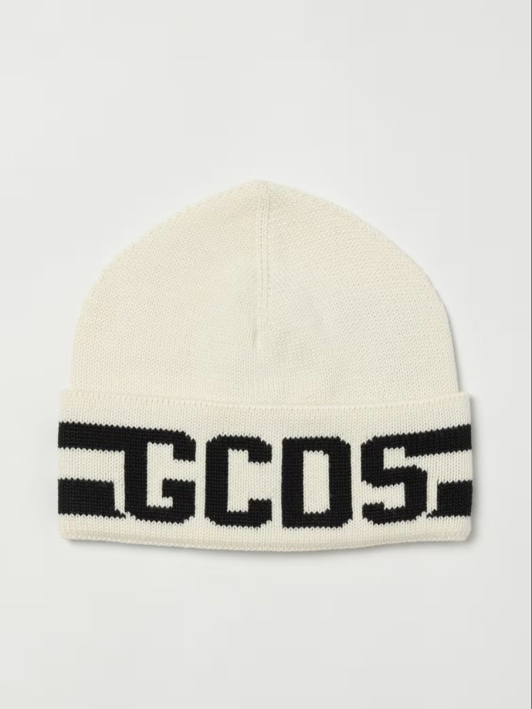 Gcds cappello panna uomo unisex in misto lana logo a contrasto