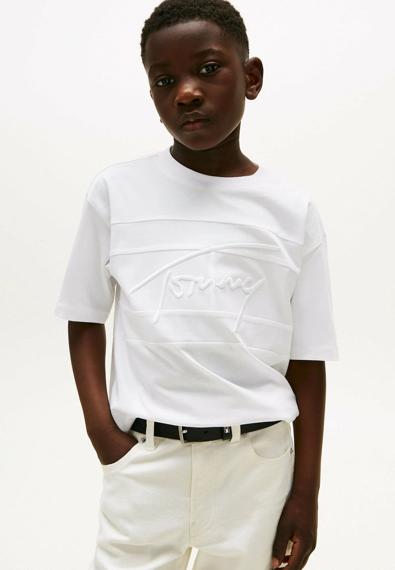Tommy Hilfiger T-shirt Signature da Bambino – Cotone Bianco con Logo in Rilievo - BIANCO | CammarataMode