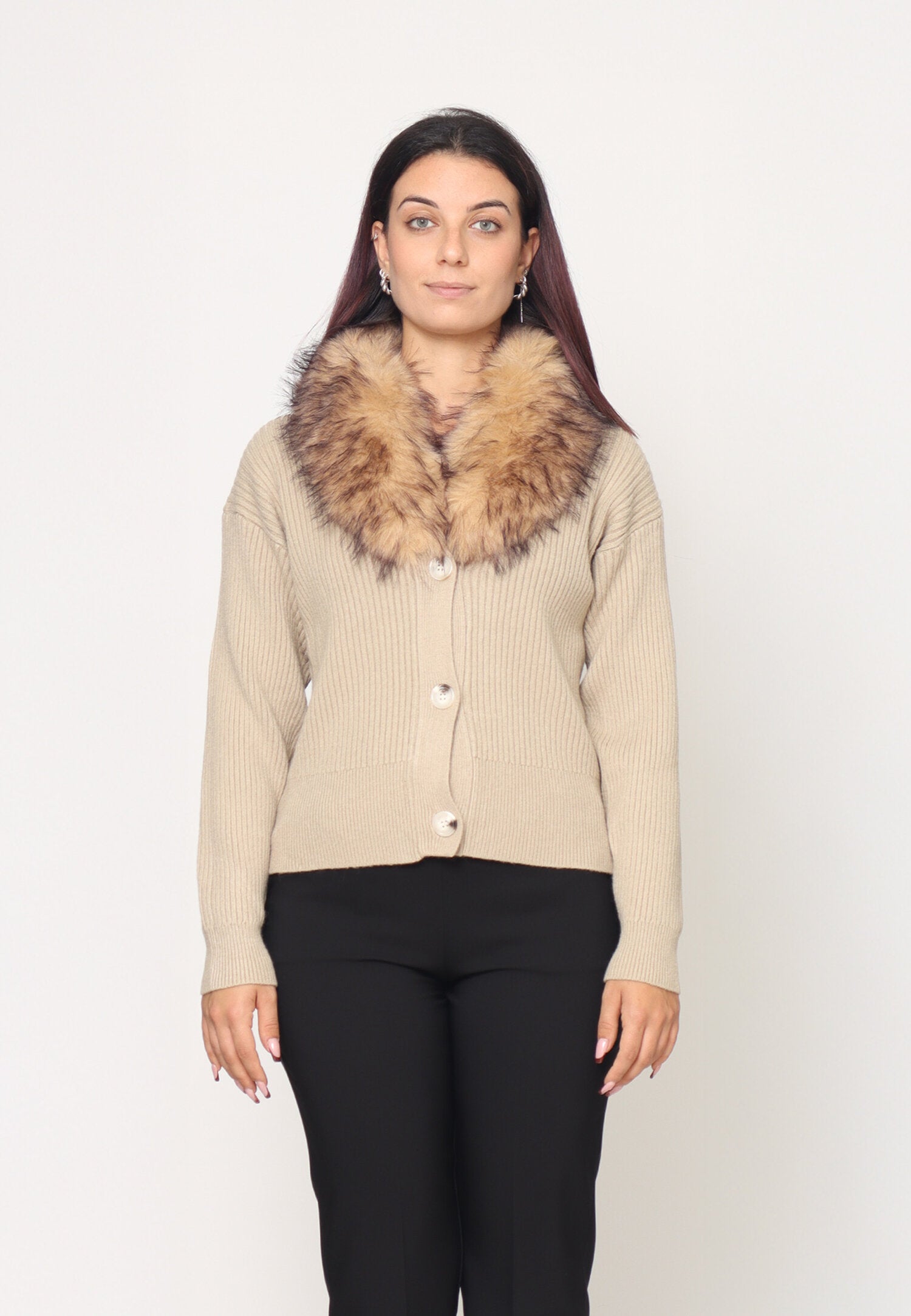 Monte Cervino Cardigan Sabbbia Donna Con Pelliccia Elegante AI25