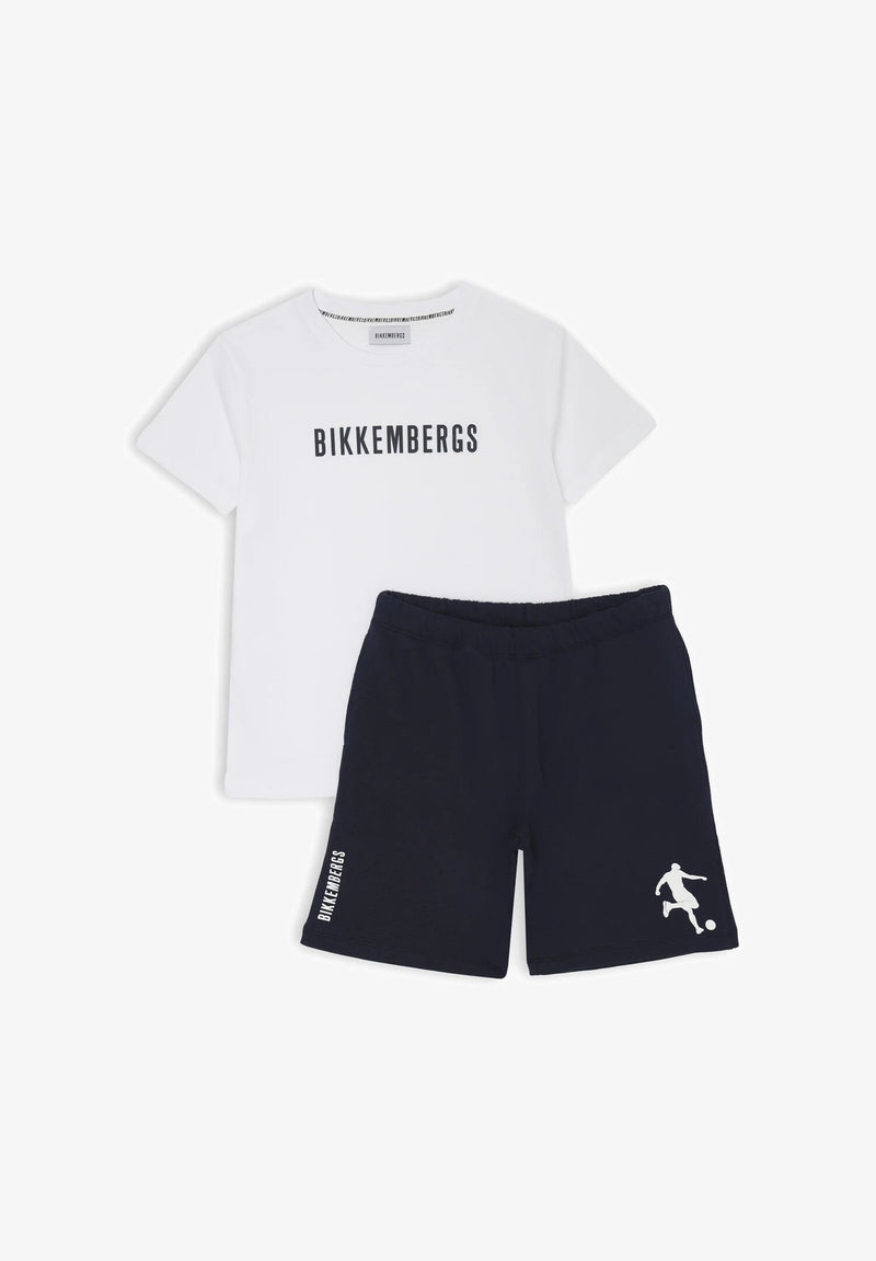 Bikkembergs set bambino t-shirt off white logo e shorts blu stampa laterale - BIANCO | CammarataMode