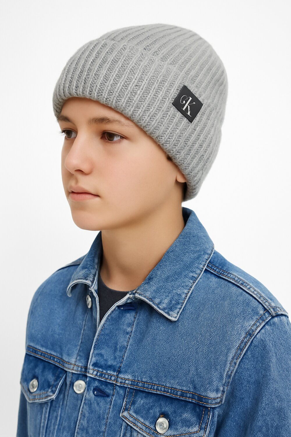Calvin Klein Cappello Grigio Bambino In Lana e Cotone Cuffia Invernale AI25