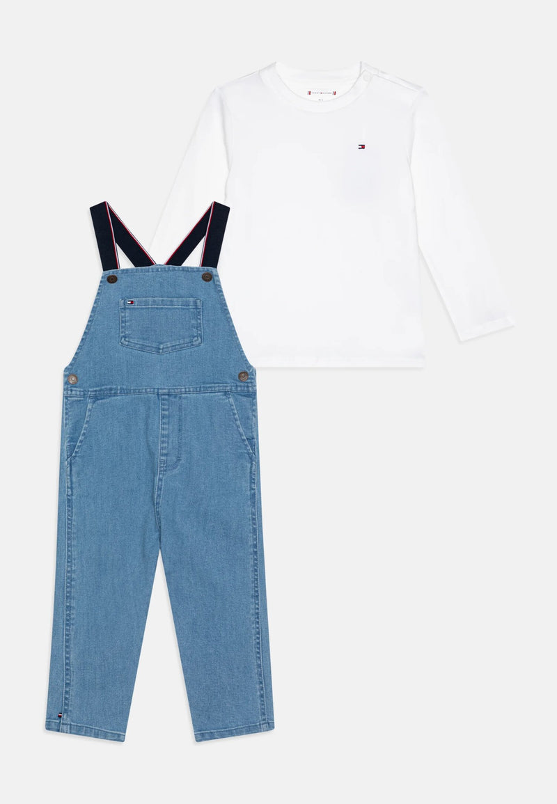 Tommy Hilfiger Set Neonato Salopette Jeans e Maglietta Bianca Manica Lunga - DENIM CHIARO | CammarataMode
