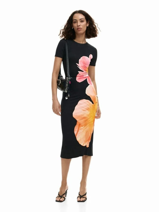 Desigual abito midi montana nero con stampa floreale
