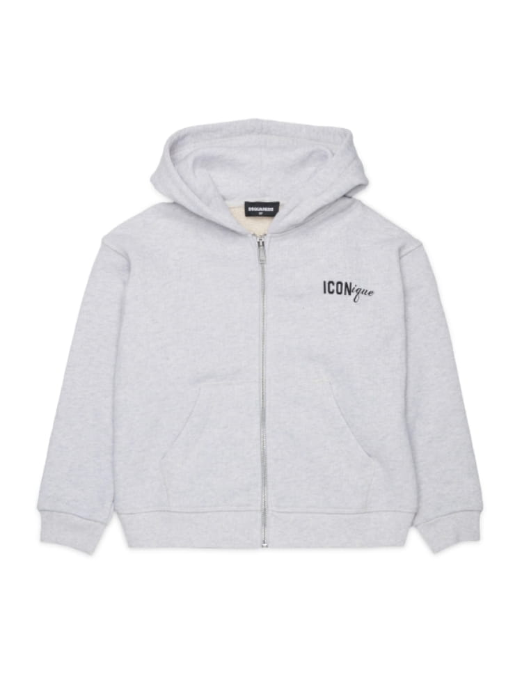 Dsquared felpa kids/junior con zip e cappuccio in cotone grigio con stampa cappelli sul retro Bambino
