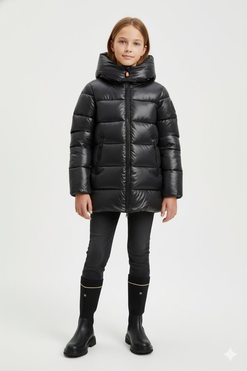 Save The Duck Giubbotto Nero Bambina In Nylon Con Cappuccio Invernale AI25