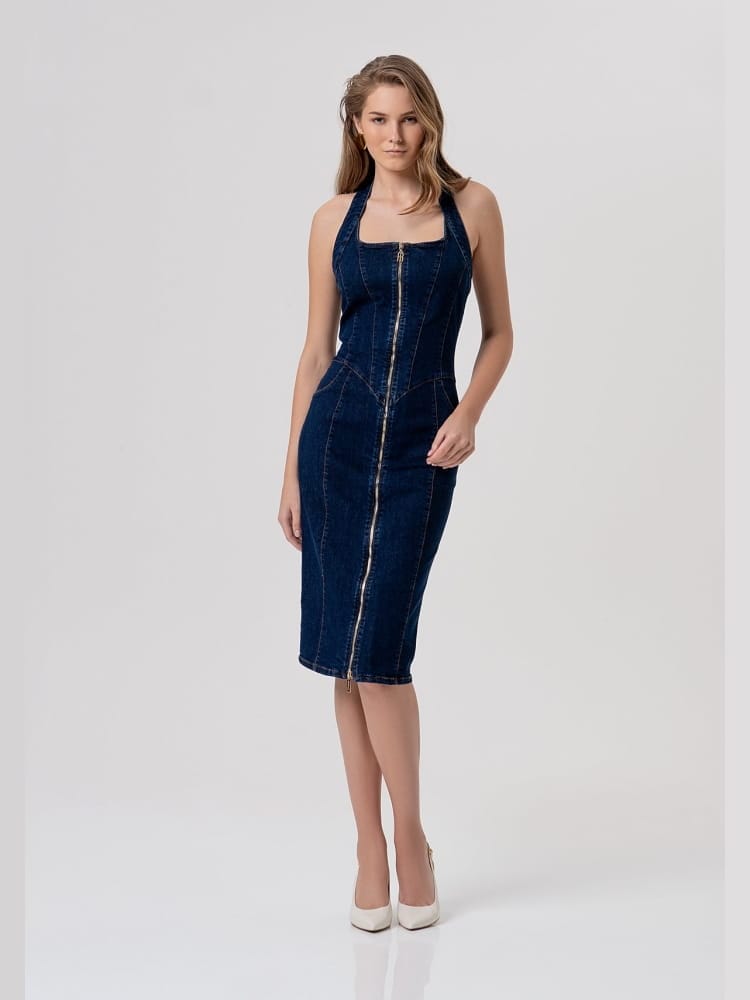 Fracomina abito slim midi in denim lavaggio raw blu scuro