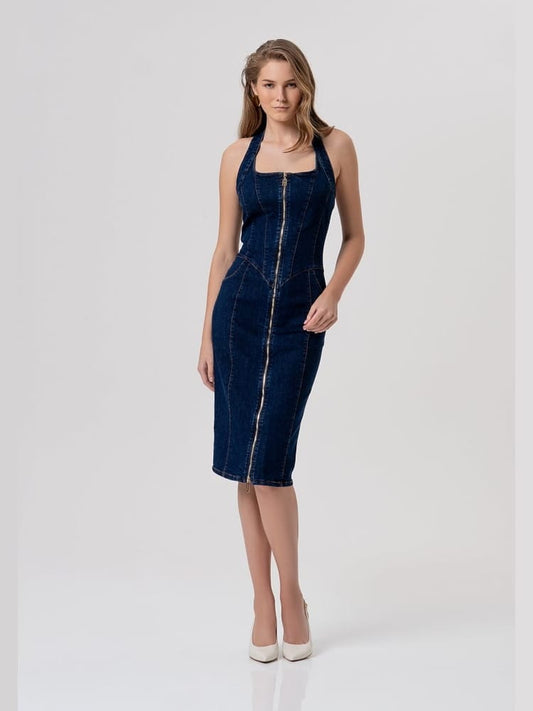 Fracomina abito slim midi in denim lavaggio raw blu scuro