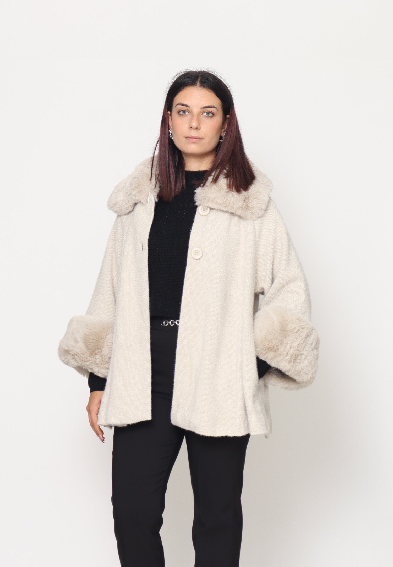 Monte Cervino Mantella Panna Marrone Donna In Lana Con Pelliccia Elegante AI25