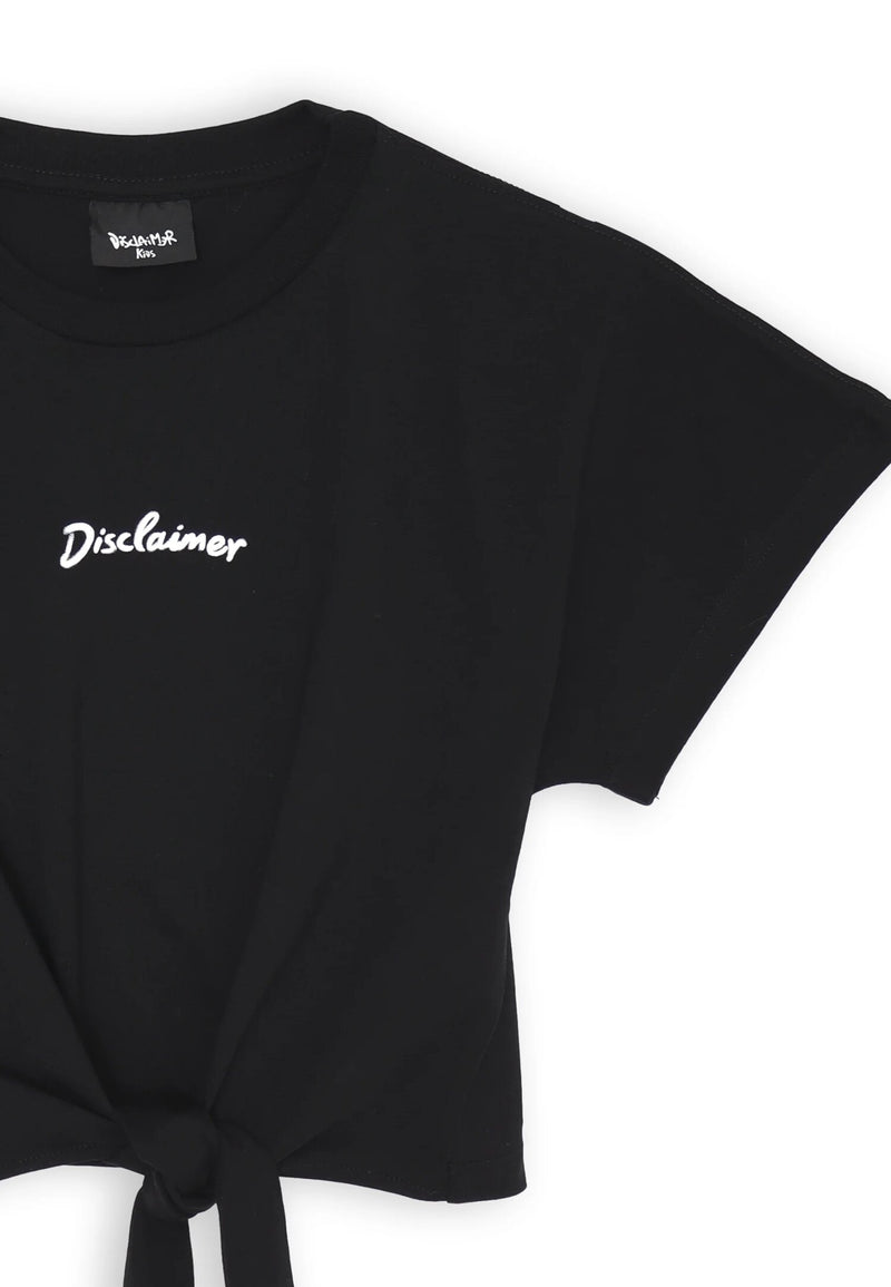T-shirt croppata bambina Disclaimer nero con nodo primavera estate 25 - NERO | CammarataMode