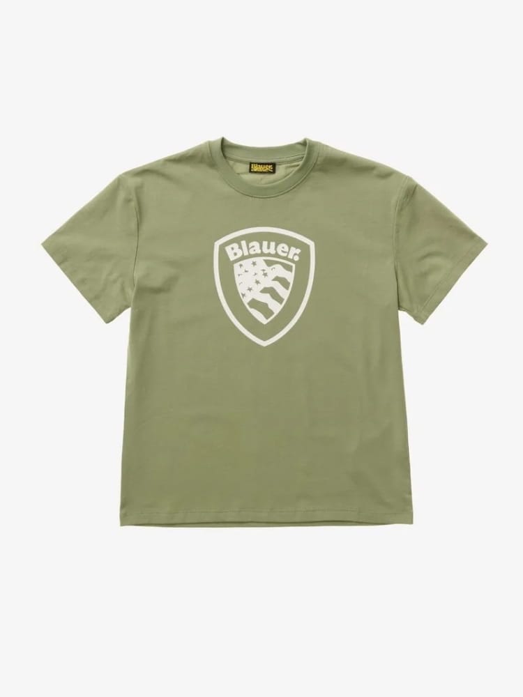 Blauer tshirt verde bambino logo sul davanti