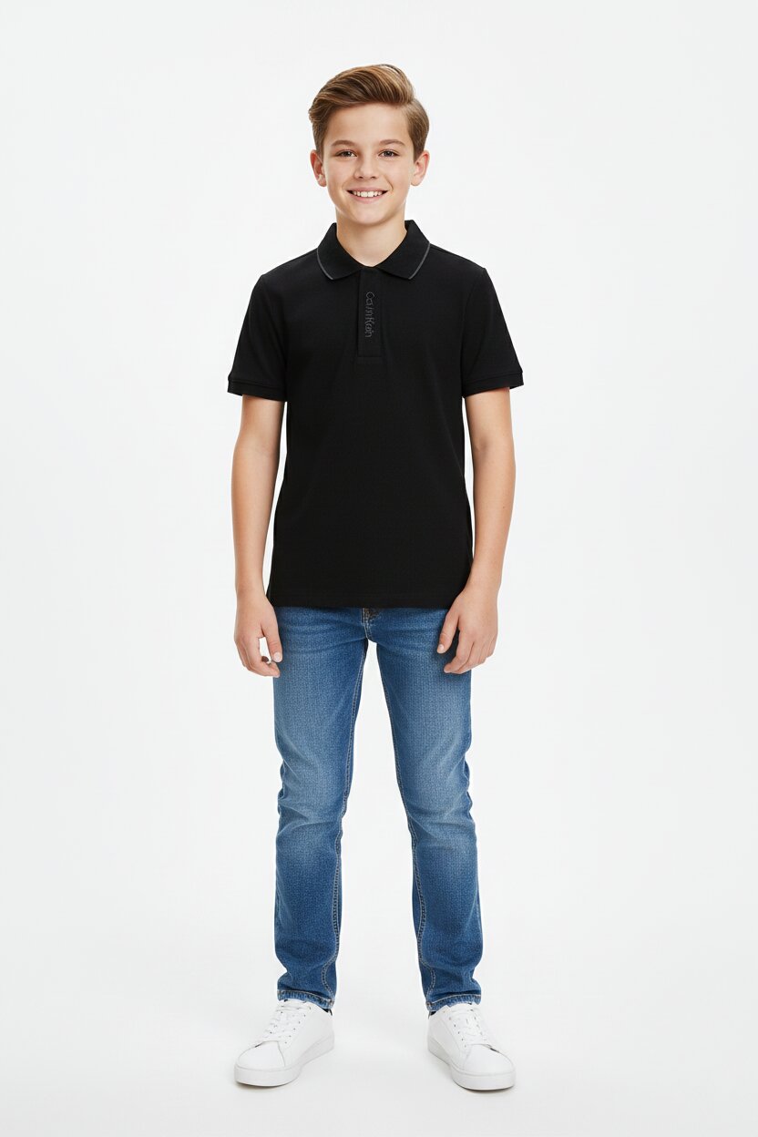 Calvin Klein Polo Nera Bambino In Cotone Maniche Corte Passeggio PE26